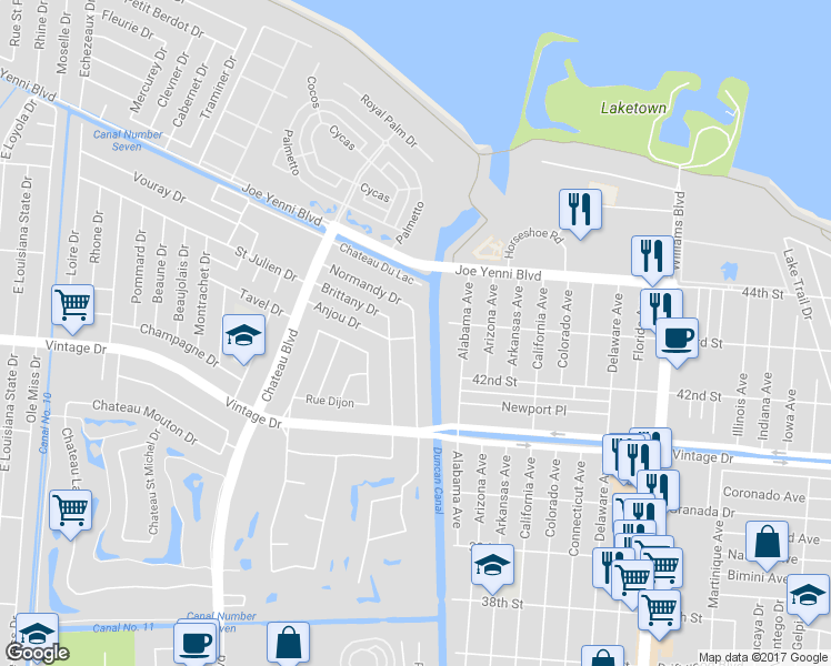 map of restaurants, bars, coffee shops, grocery stores, and more near 40 Normandy Drive in Kenner