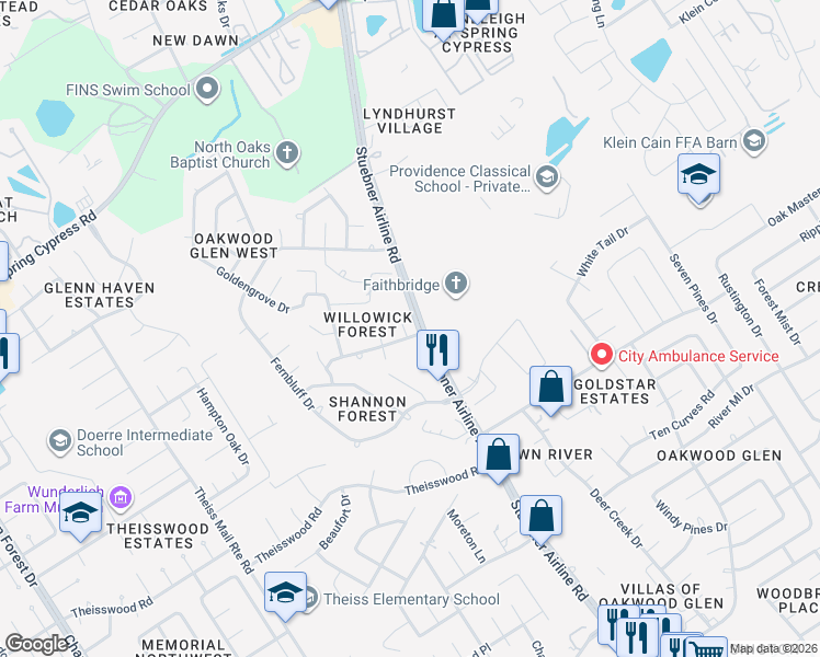 map of restaurants, bars, coffee shops, grocery stores, and more near 18011 Lovett Lane in Spring