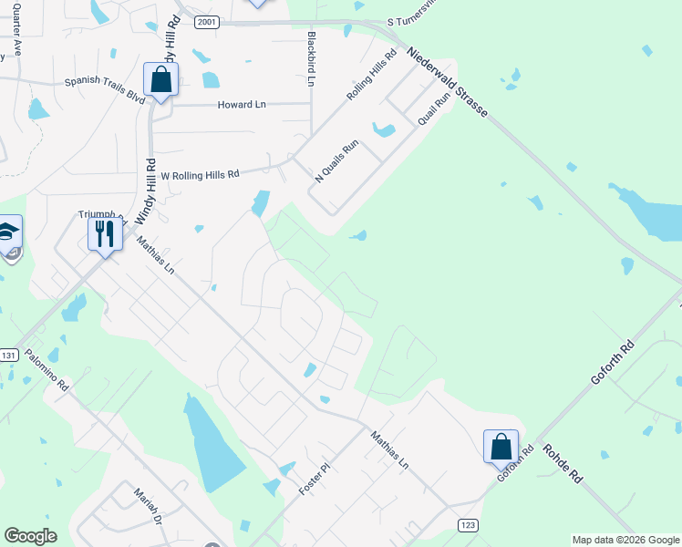 map of restaurants, bars, coffee shops, grocery stores, and more near 1001 Mathias Lane in Kyle