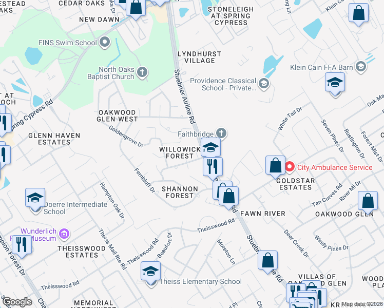 map of restaurants, bars, coffee shops, grocery stores, and more near 18011 Lovett Lane in Spring