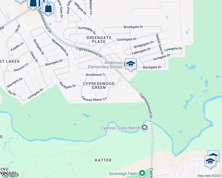 map of restaurants, bars, coffee shops, grocery stores, and more near 6122 Fairway Manor Lane in Spring