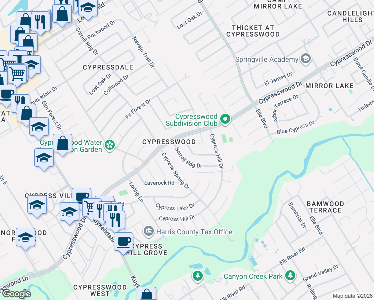 map of restaurants, bars, coffee shops, grocery stores, and more near 17602 Cassina Drive in Spring