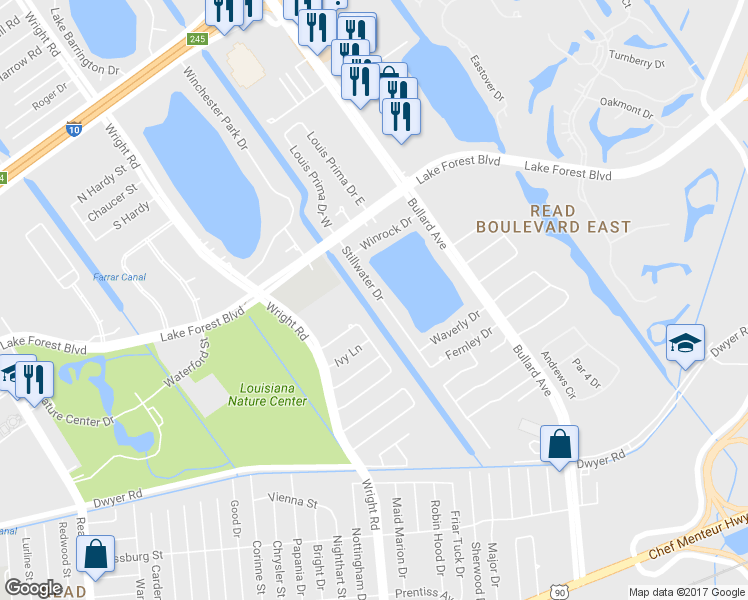map of restaurants, bars, coffee shops, grocery stores, and more near 5500 Stillwater Drive in New Orleans