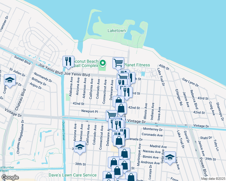 map of restaurants, bars, coffee shops, grocery stores, and more near 4300 Delaware Avenue in Kenner