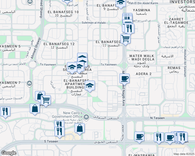 map of restaurants, bars, coffee shops, grocery stores, and more near in New Cairo 1