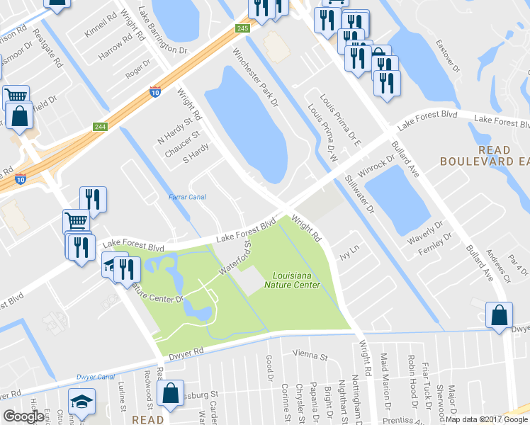 map of restaurants, bars, coffee shops, grocery stores, and more near 1104 Lake Forest Boulevard in New Orleans