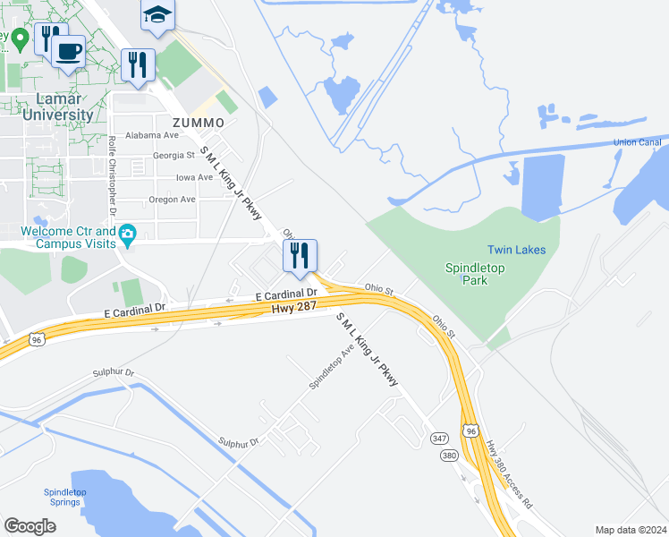 map of restaurants, bars, coffee shops, grocery stores, and more near 5455 Ohio Street in Beaumont