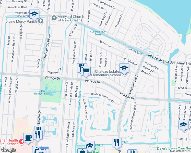 map of restaurants, bars, coffee shops, grocery stores, and more near 701 Champagne Drive in Kenner