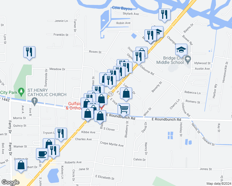 map of restaurants, bars, coffee shops, grocery stores, and more near 130 East Darby Street in Bridge City
