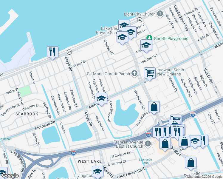 map of restaurants, bars, coffee shops, grocery stores, and more near 7930 Cynthia Drive in New Orleans