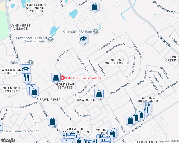 map of restaurants, bars, coffee shops, grocery stores, and more near 17630 Seven Pines Drive in Spring