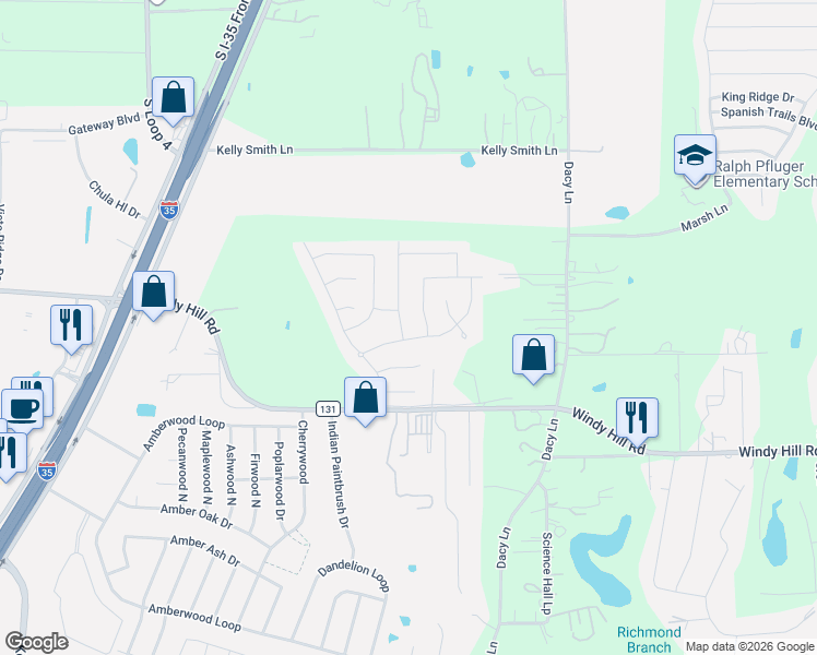 map of restaurants, bars, coffee shops, grocery stores, and more near 100 Screech Owl Drive in Kyle