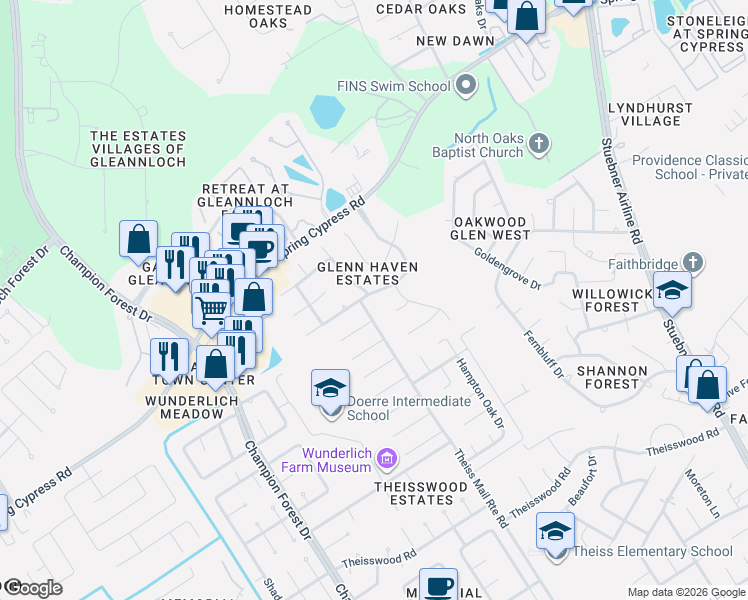 map of restaurants, bars, coffee shops, grocery stores, and more near 8314 Drew Haven Lane in Spring