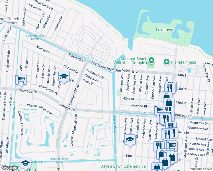 map of restaurants, bars, coffee shops, grocery stores, and more near 40 Normandy Drive in Kenner
