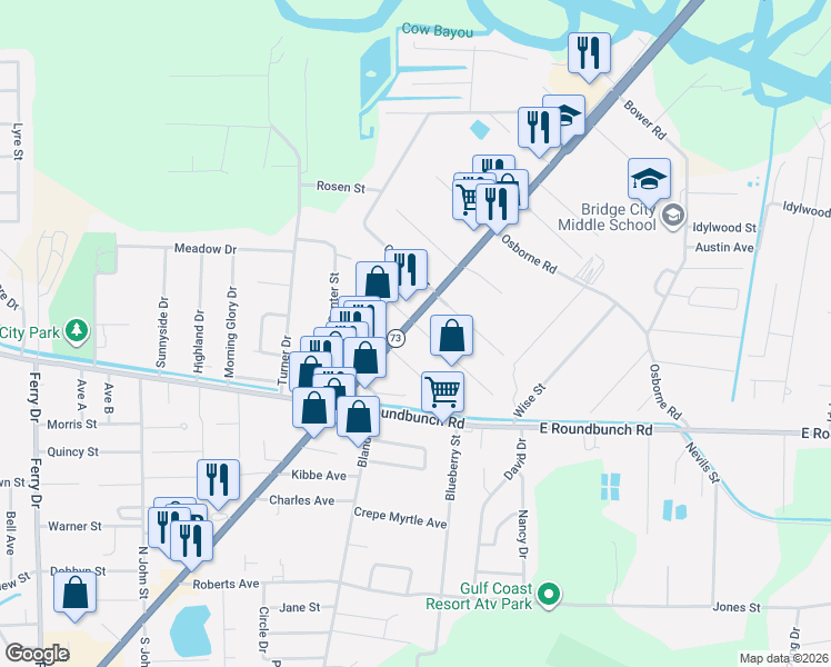 map of restaurants, bars, coffee shops, grocery stores, and more near 130 East Darby Street in Bridge City