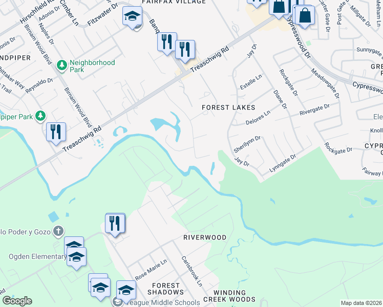 map of restaurants, bars, coffee shops, grocery stores, and more near 22319 Lakeway Drive in Spring