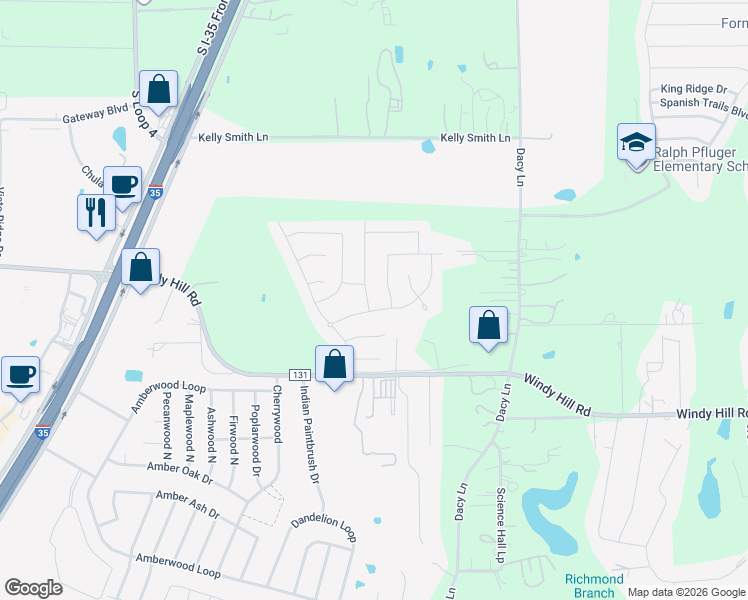 map of restaurants, bars, coffee shops, grocery stores, and more near 206 Screech Owl Drive in Kyle