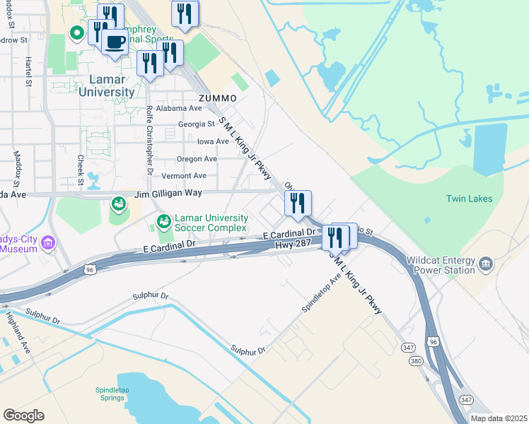 map of restaurants, bars, coffee shops, grocery stores, and more near 5230 South Martin Luther King Junior Parkway in Beaumont