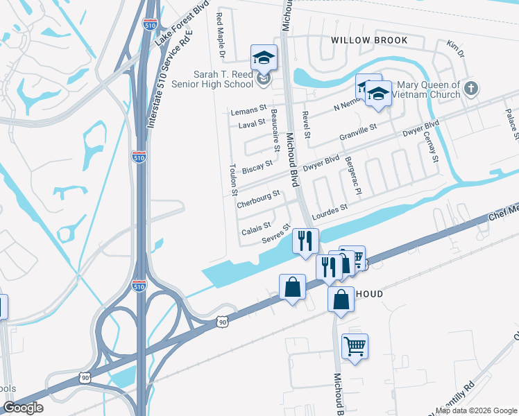 map of restaurants, bars, coffee shops, grocery stores, and more near 13035 Deauville Court in New Orleans