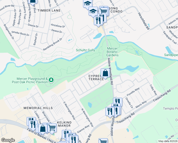 map of restaurants, bars, coffee shops, grocery stores, and more near 21931 Paril Creek Drive in Houston