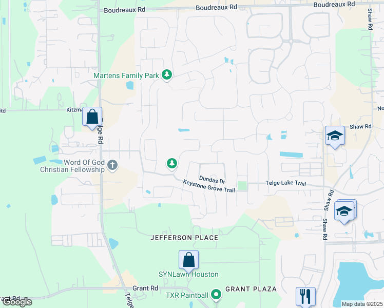 map of restaurants, bars, coffee shops, grocery stores, and more near 15514 Montreal Drive in Cypress