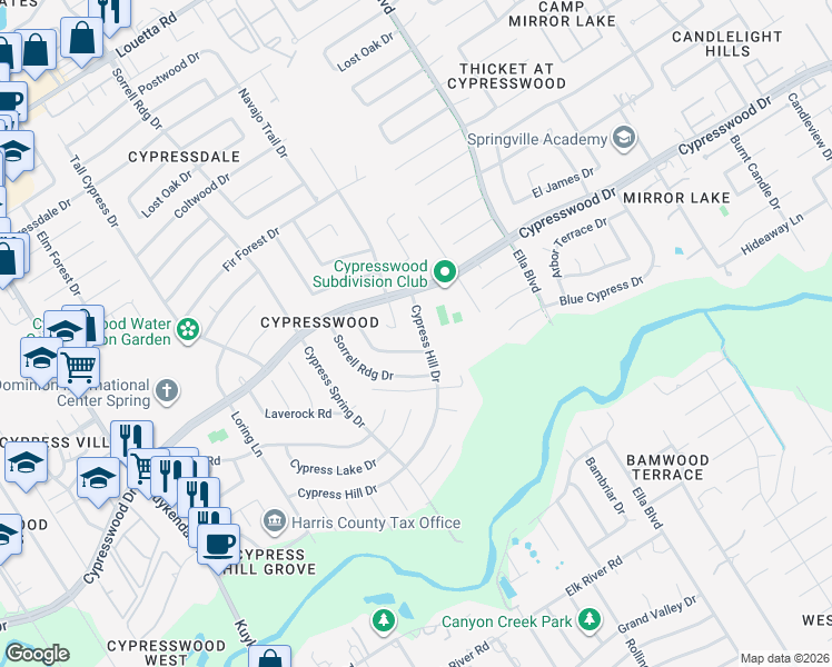 map of restaurants, bars, coffee shops, grocery stores, and more near 3722 Cypress Hill Drive in Spring