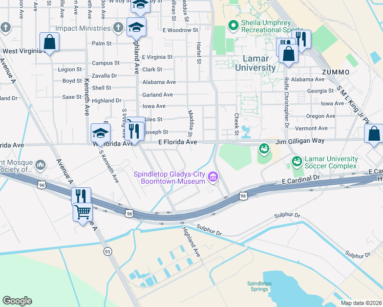 map of restaurants, bars, coffee shops, grocery stores, and more near 5335 East Parkway Drive in Beaumont