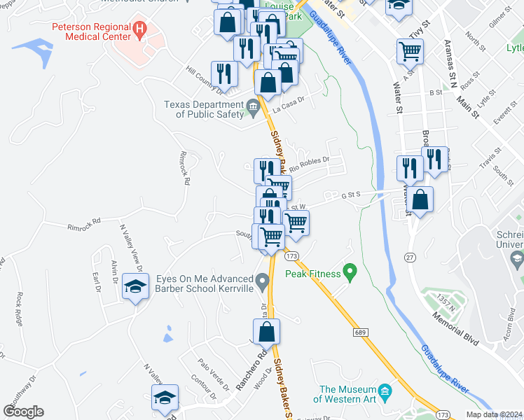 map of restaurants, bars, coffee shops, grocery stores, and more near 200 Waggoman Rd in Kerrville