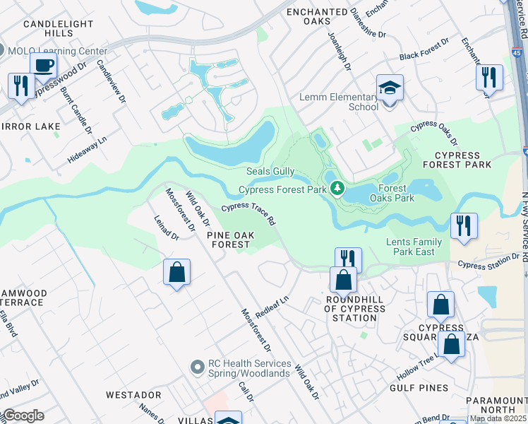 map of restaurants, bars, coffee shops, grocery stores, and more near 18201 Cypress Trace Road in Houston