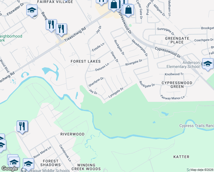 map of restaurants, bars, coffee shops, grocery stores, and more near 22114 Nobles Crossing Drive in Spring