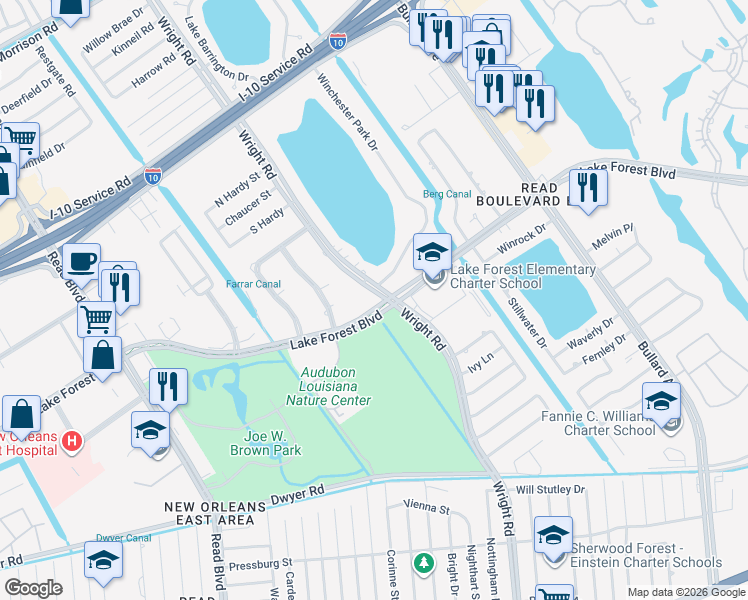map of restaurants, bars, coffee shops, grocery stores, and more near 1104 Lake Forest Boulevard in New Orleans