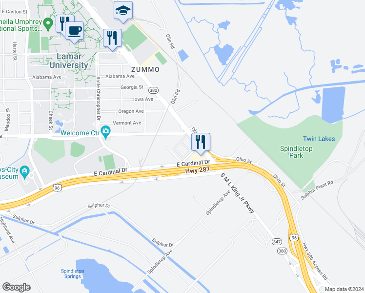 map of restaurants, bars, coffee shops, grocery stores, and more near 5230 South Martin Luther King Junior Parkway in Beaumont