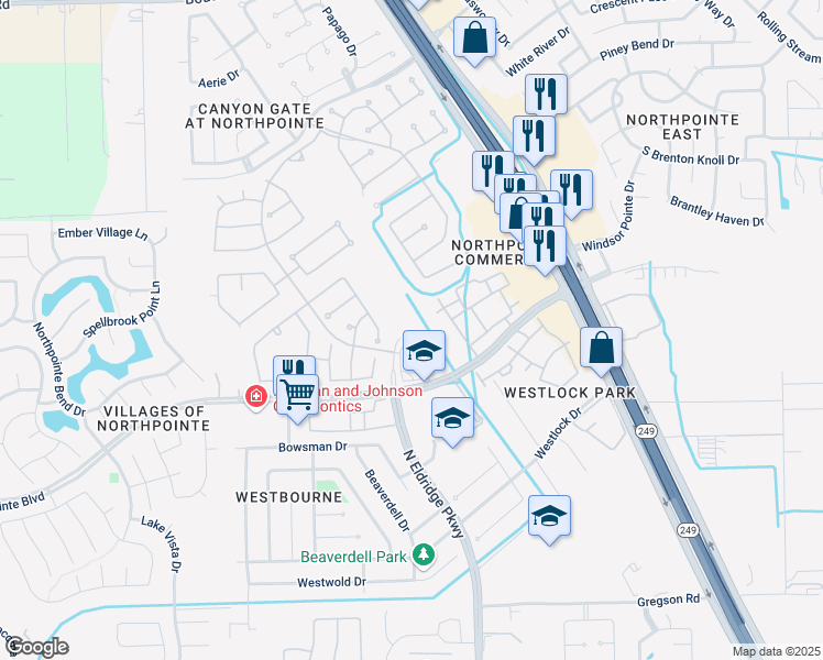 map of restaurants, bars, coffee shops, grocery stores, and more near 18822 North Eldridge Parkway in Tomball