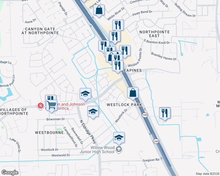 map of restaurants, bars, coffee shops, grocery stores, and more near 11752 Northpointe Boulevard in Tomball
