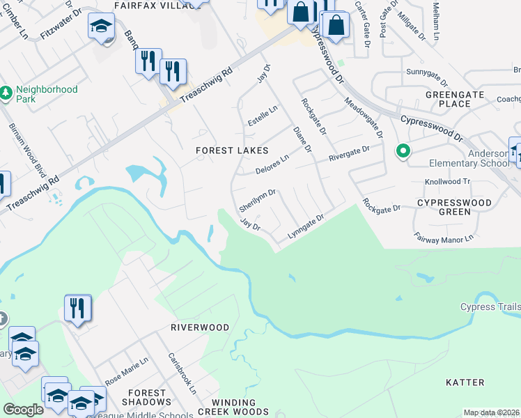 map of restaurants, bars, coffee shops, grocery stores, and more near 5219 Kristen Court in Spring