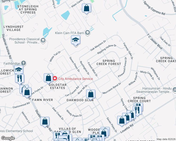 map of restaurants, bars, coffee shops, grocery stores, and more near 17523 Forest Mist Drive in Spring