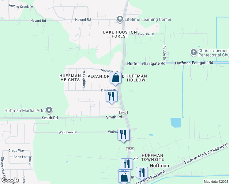 map of restaurants, bars, coffee shops, grocery stores, and more near 1638 Darden Drive in Huffman