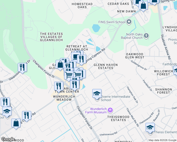 map of restaurants, bars, coffee shops, grocery stores, and more near 8515 Glenn Leigh Drive in Spring