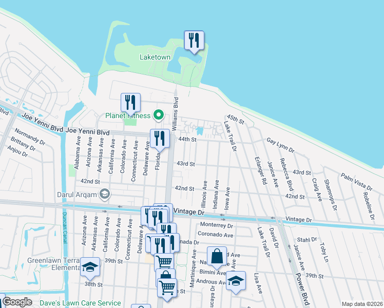 map of restaurants, bars, coffee shops, grocery stores, and more near 2101 43rd Street in Kenner