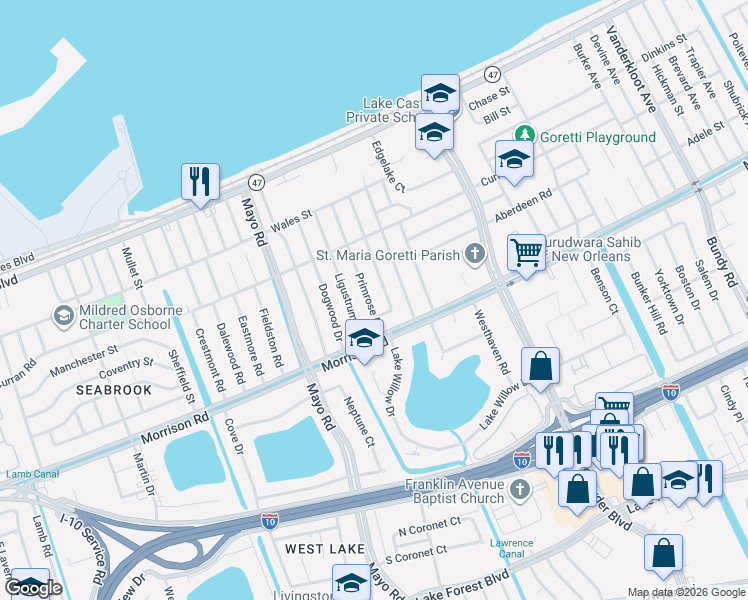 map of restaurants, bars, coffee shops, grocery stores, and more near 7930 Cynthia Drive in New Orleans