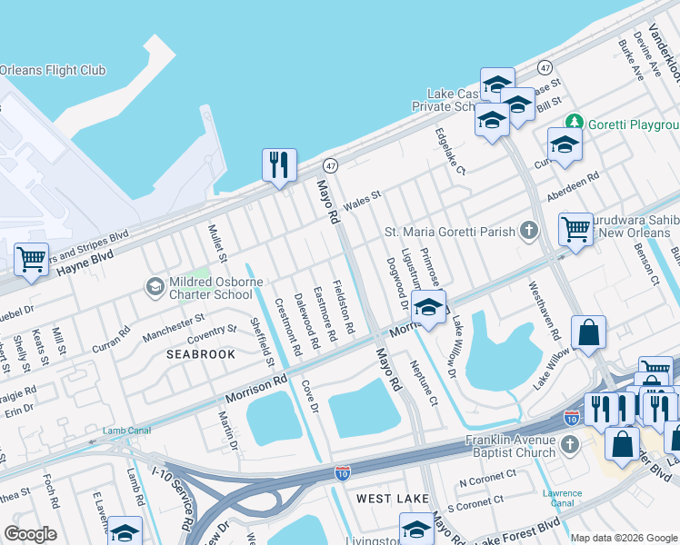 map of restaurants, bars, coffee shops, grocery stores, and more near 7520 Mayo Boulevard in New Orleans