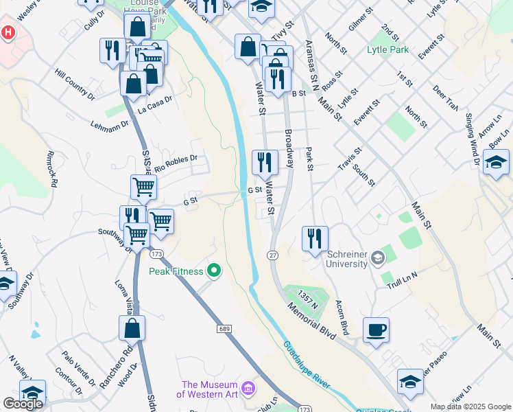 map of restaurants, bars, coffee shops, grocery stores, and more near H Street in Kerrville