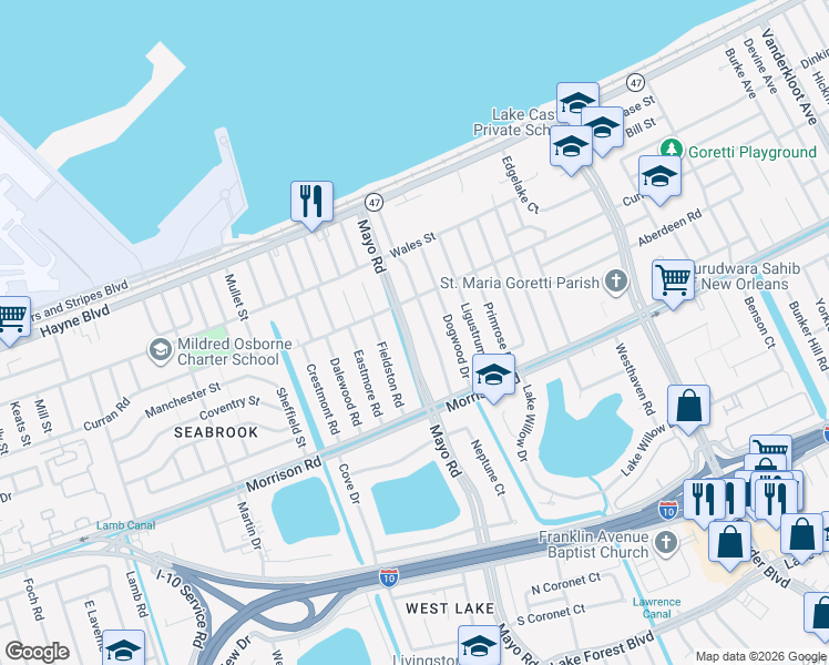 map of restaurants, bars, coffee shops, grocery stores, and more near 7520 Mayo Boulevard in New Orleans