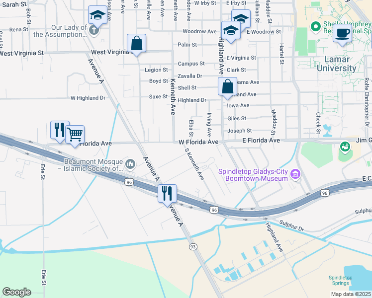 map of restaurants, bars, coffee shops, grocery stores, and more near 5265 South Kenneth Avenue in Beaumont