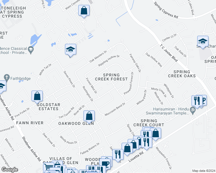 map of restaurants, bars, coffee shops, grocery stores, and more near 6511 Misty Springs Lane in Spring