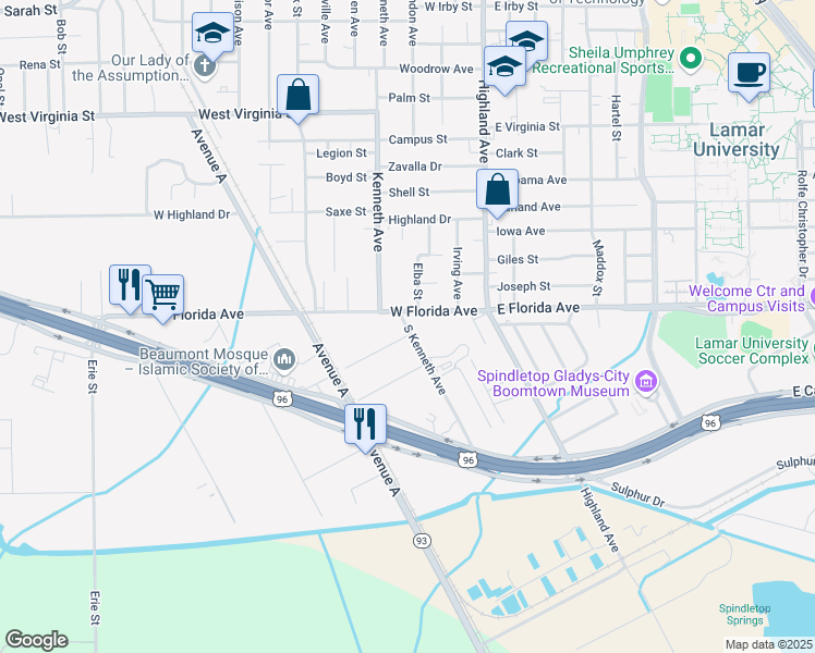 map of restaurants, bars, coffee shops, grocery stores, and more near 5265 South Kenneth Avenue in Beaumont
