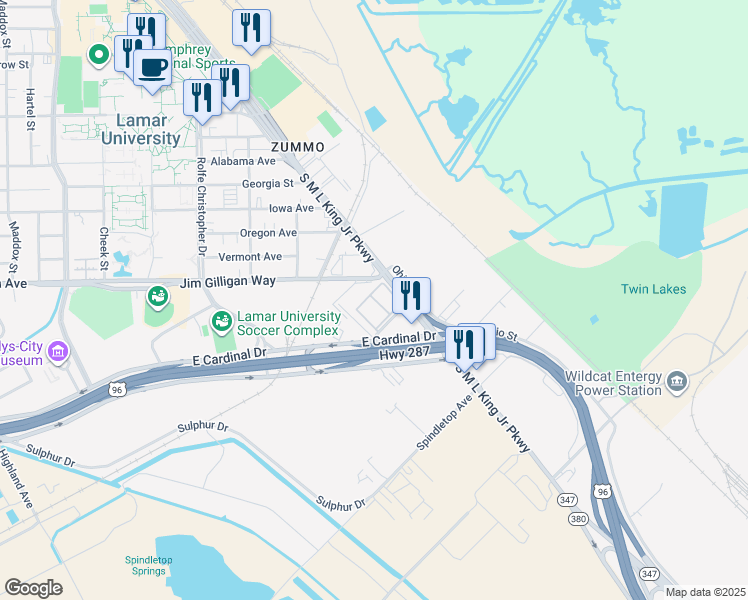 map of restaurants, bars, coffee shops, grocery stores, and more near 5230 South M L King Junior Parkway in Beaumont