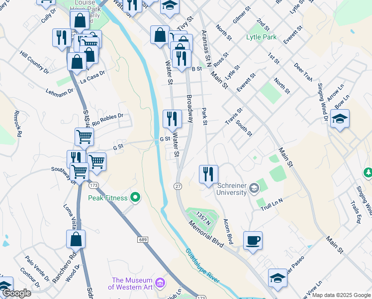 map of restaurants, bars, coffee shops, grocery stores, and more near H Street in Kerrville