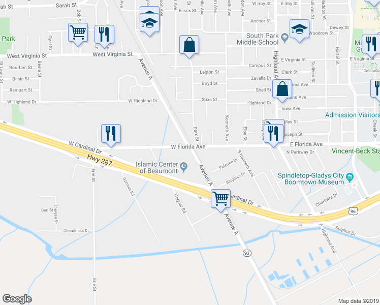 map of restaurants, bars, coffee shops, grocery stores, and more near 5220 Avenue A in Beaumont