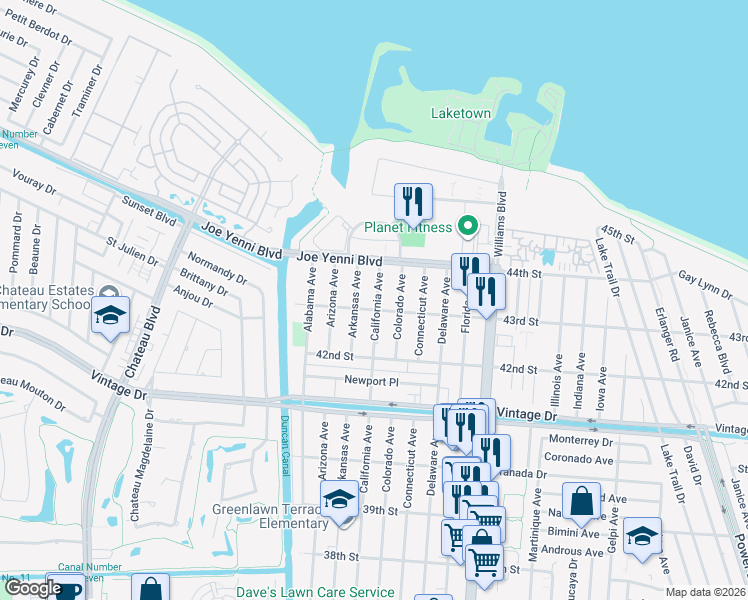 map of restaurants, bars, coffee shops, grocery stores, and more near 4244 California Avenue in Kenner